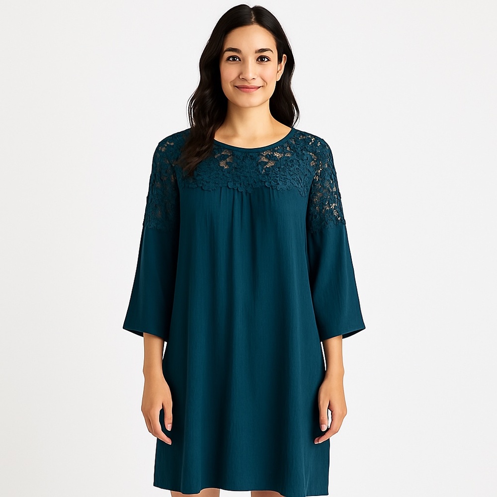 Cato Teal Lace Yoke Tunic Dress Boho Flowy Rayon Size Large